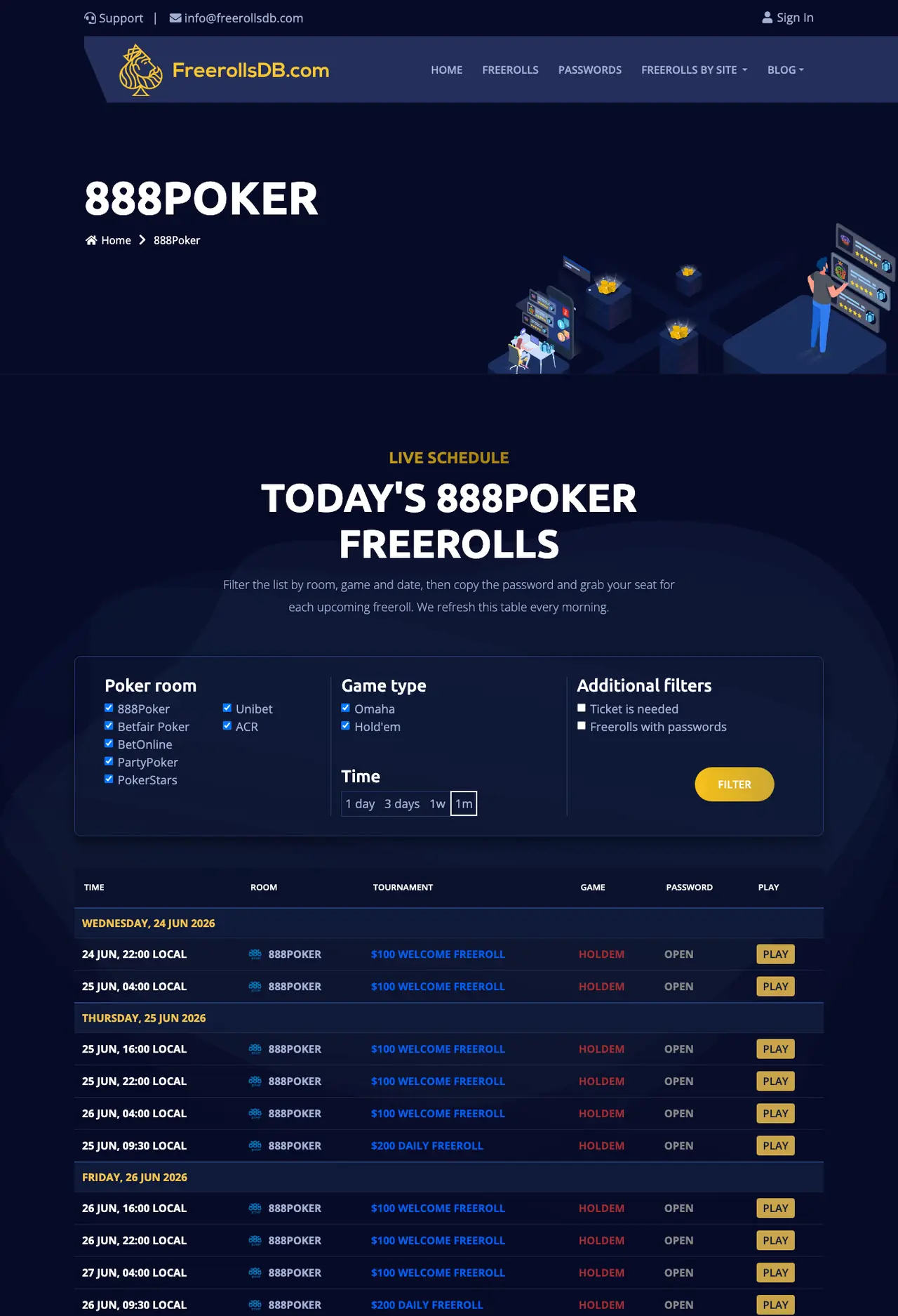 888poker freeroll schedule on FreerollsDB